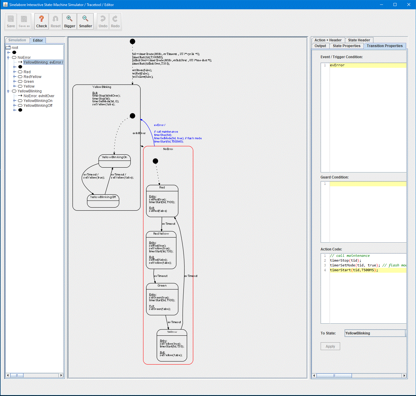 Image of the built-in editor and simulator of the sinelabore code generator